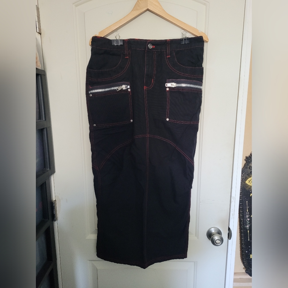 Dogpile Long Denim Skirt Y2k Black Red Bondage